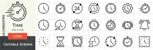 Time icon set. Pixel perfect. Clock, alarm, stopwatch, timer vector icons.