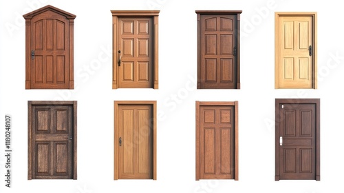 Set of various wooden closed doors isolated cutout on white background. 3d illustration.
