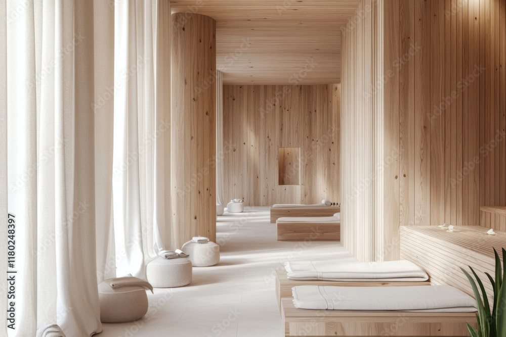 Fototapeta premium Minimalist spa interior with natural wood