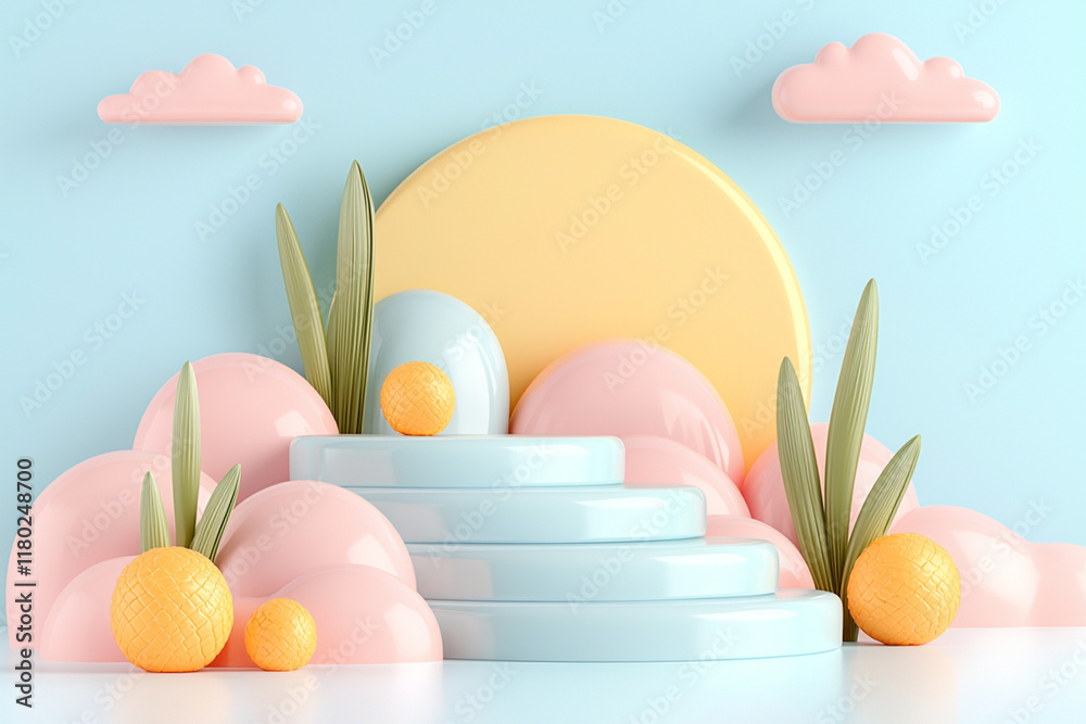 Fototapeta premium Abstract pastel landscape with geometric shapes and sun