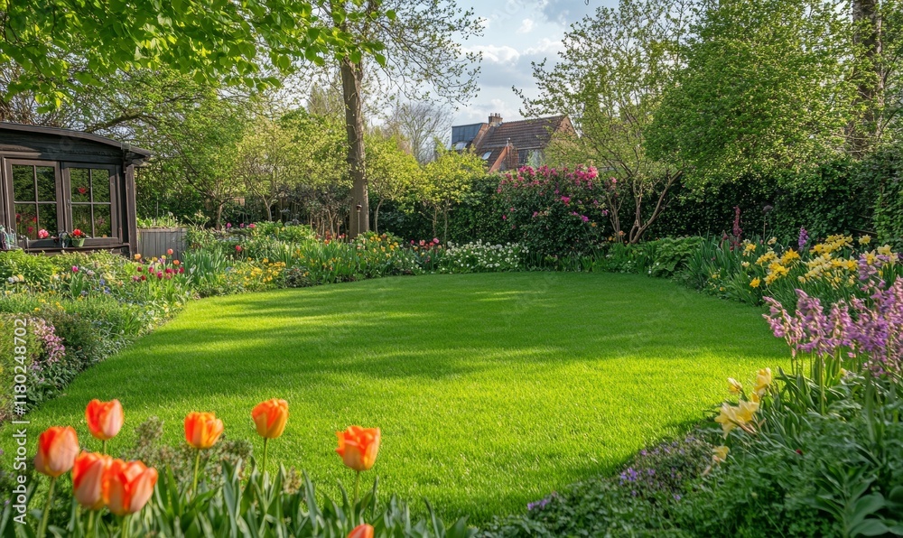 Obraz premium Beautiful well-kept spring garden. The green lawn emphasizes the full bloom of flowers in the mix border.