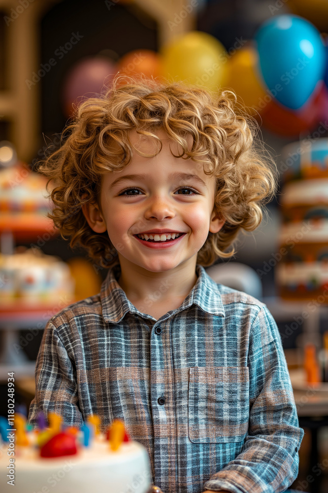 Fototapeta premium A young boy smiles as he sits in front of a birthday cake