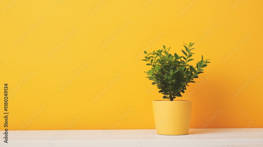 Fototapeta premium Small green plant in yellow pot against yellow wall.