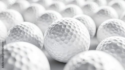 White golf balls on white background, banner, close up view, 3d illustration.