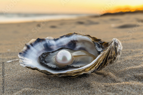 Beautiful pearl nestled in oyster on sandy beach at sunset