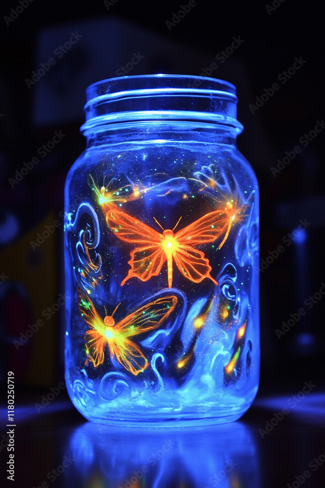 Colorful butterflies illuminated in a glowing jar at night