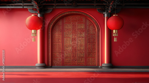 red podium for celebrate new year, asian traditional architecture in red tone. gold oriental ornaments, red lanterns, copy space for text. photo