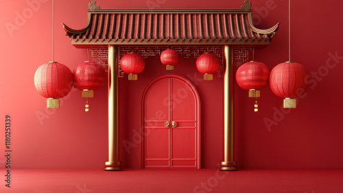 red podium for celebrate new year, asian traditional architecture in red tone. gold oriental ornaments, red lanterns, copy space for text. photo