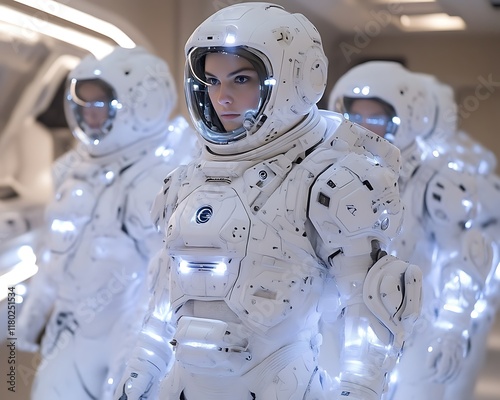 Female astronauts in futuristic white suits.
