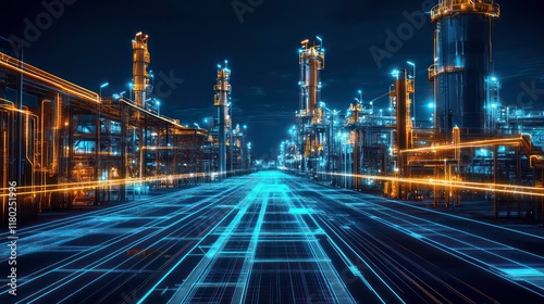 Futuristic industrial scene with glowing blue and orange lines on a grid