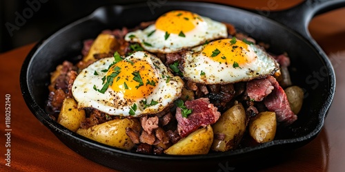 irish hash breakfast, irish hash with crispy potatoes, corned beef, fried eggs, garnished with parsley served in a skillet with space for text to the left photo