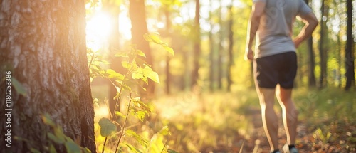 Man jogging forest path sunset, nature background