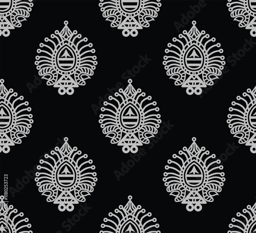 A seamless ethnic-inspired tile pattern with floral accents, perfect for sophisticated wallpaper and decorative applications.