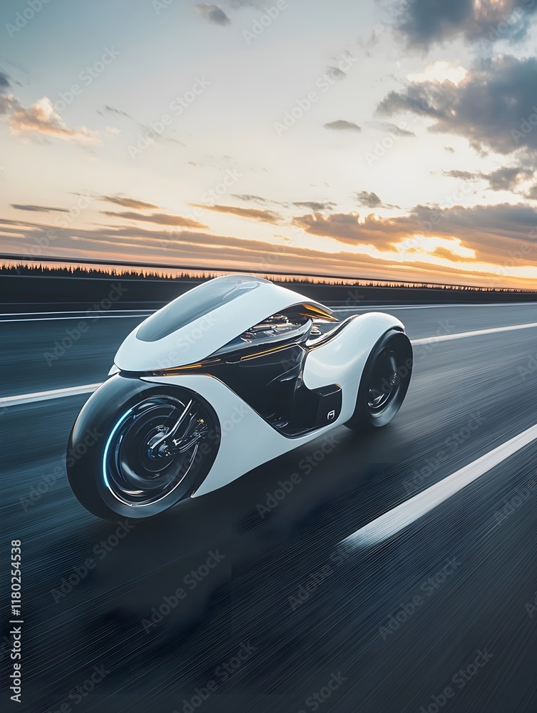 Obraz premium A photo of a futuristic electric motorcycle speeding through an empty highway.