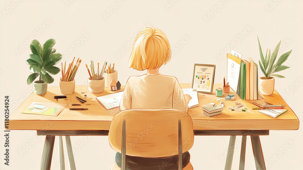 Fototapeta premium スケッチをする若い金髪の女の子のイラスト