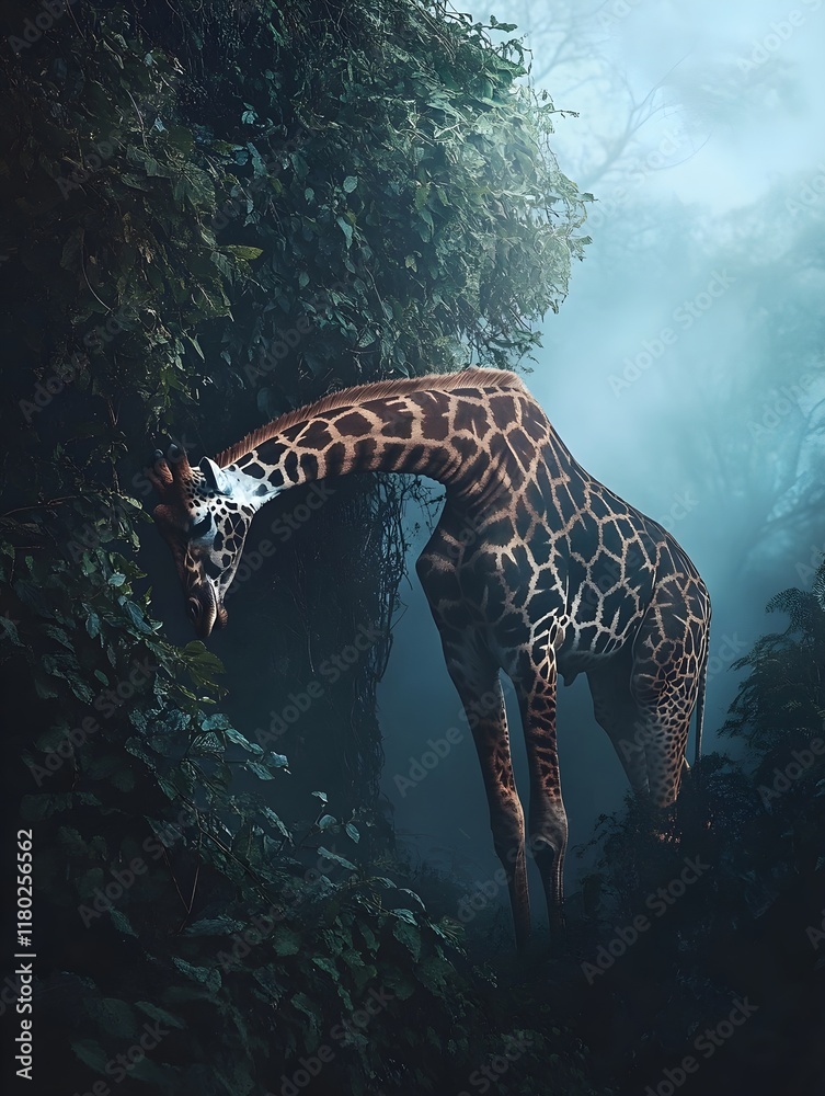 Naklejka premium A photo of a giraffe grazing on the leaves of a tall tree in the African wilderness.