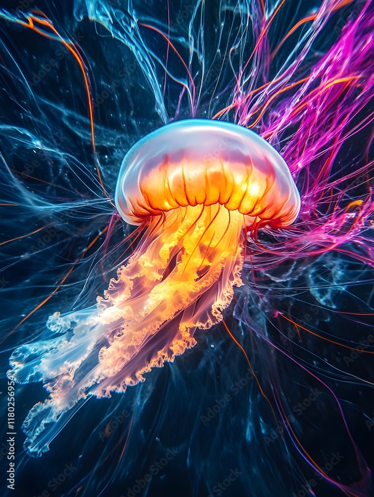 A photo of a glowing jellyfish floating in a dark abyss with colorful light trails. A photo of a glowing jellyfish floating in a dark abyss with colorful light trails.
