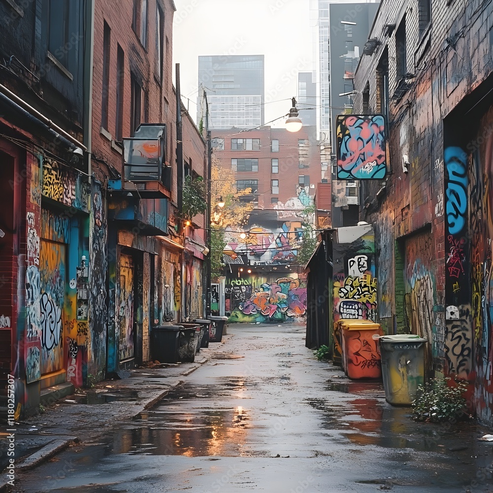 Fototapeta premium A photo of a graffiti-covered alleyway with colorful spray-painted walls.