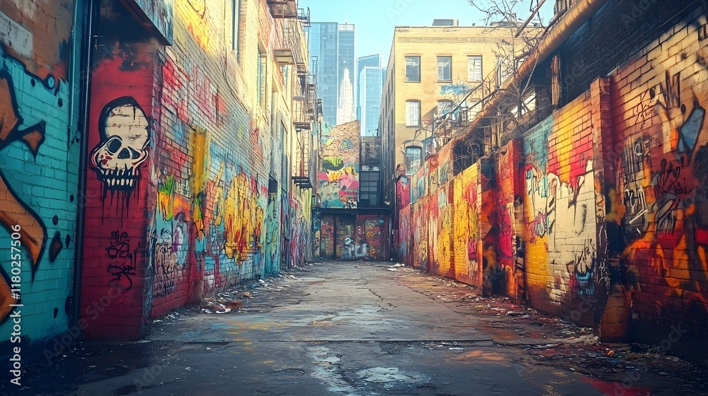 Fototapeta premium A photo of a graffiti-covered alleyway with colorful spray-painted walls.