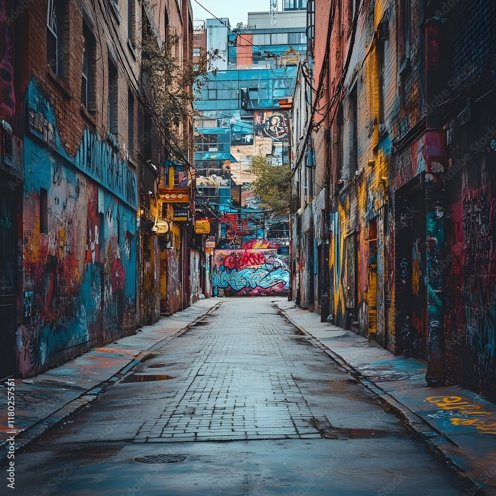 Fototapeta premium A photo of a graffiti-covered alleyway with colorful spray-painted walls.