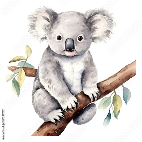 Adorable koala clinging to a eucalyptus branch, watercolor illustration