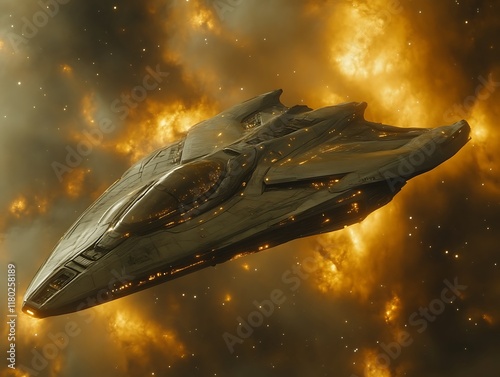 Spaceship flying through nebula.
