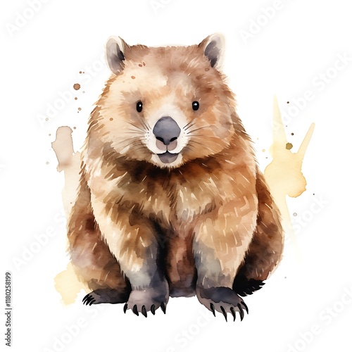 Australian wombat sitting and looking forward, watercolor painting