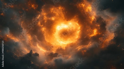 Fiery vortex swirling within dark clouds.