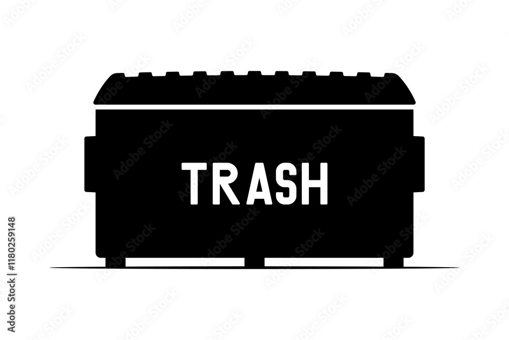 Large trash container with closed lid icon. Trash can. Black silhouette. Front side view. Vector simple flat graphic illustration. Isolated object on white background. Isolate. Large trash container with closed lid icon. Trash can. Black silhouette. Front side view. Vector simple flat graphic illustration. Isolated object on white background. Isolate.