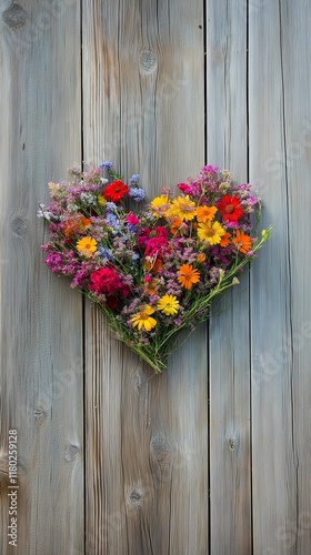 Bouquet of wildflowers arranged into a heart shape, lying on rustic wooden planks for a Valentine’s touch