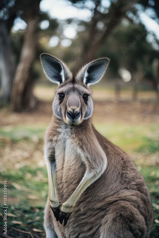 Fototapeta premium A close-up view of a kangaroo standing in a green field, looking around