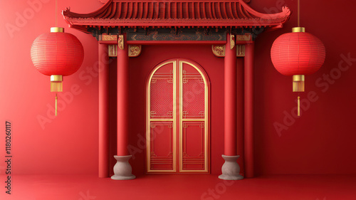 red podium for celebrate new year, asian traditional architecture in red tone. gold oriental ornaments, red lanterns, copy space for text. photo