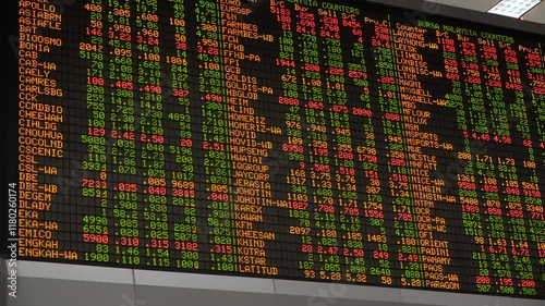 Electronic ticker board displaying financial information of stock exchange in Kuala Lumpur, Malaysia
