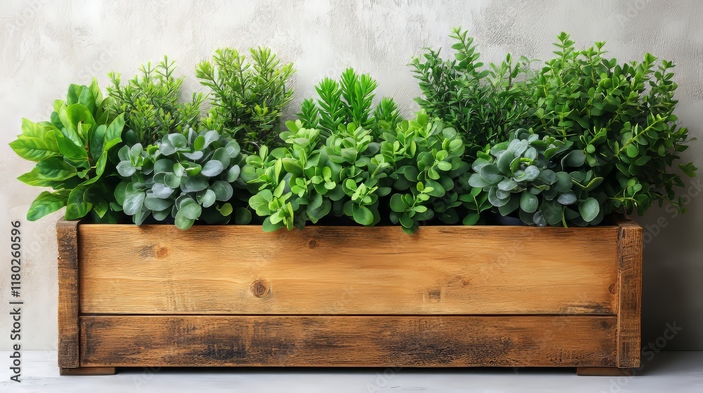 Wooden planter box with plants on white background for gardening and home decor Wooden planter box with plants on white background for gardening and home decor