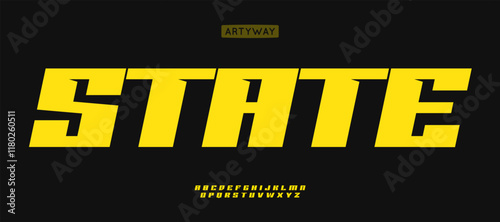 Powerful geometric typography, bold angular letters, modern futuristic sporty font style, thick graphic letters, strong square design, edgy headline for sportswear branding. Vector alphabet.