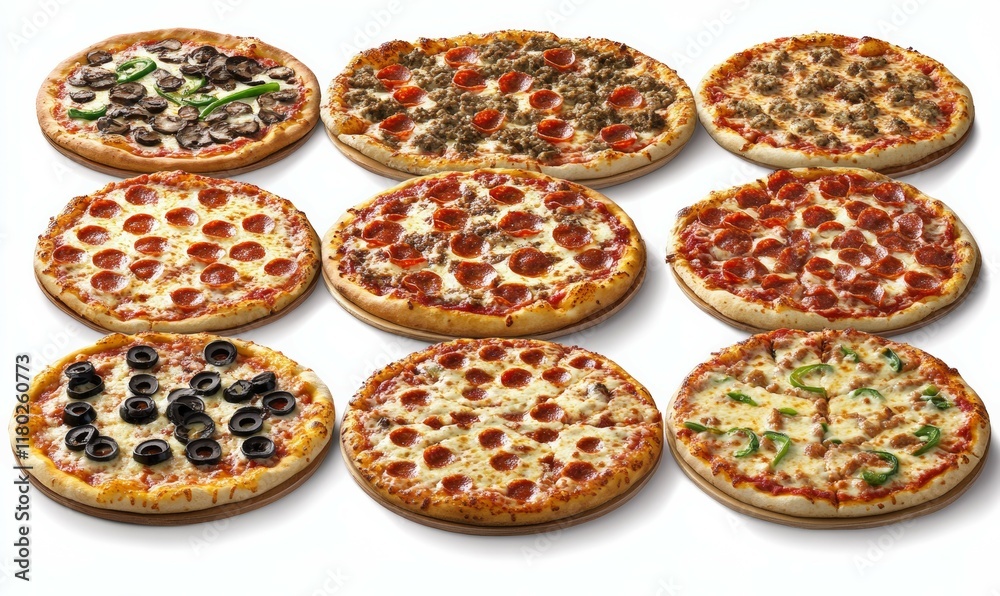 Colorful display of delicious, mouthwatering pizzas with various toppings and crust types, perfect for a variety of tastes. Colorful display of delicious, mouthwatering pizzas with various toppings and crust types, perfect for a variety of tastes.