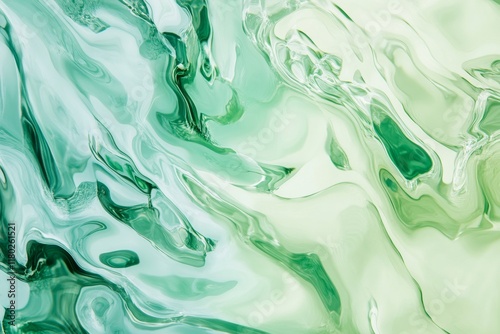 
Description:
This abstract image features a fluid, marble-like texture in shades of green, ranging from light mint to deep emerald. The swirling patterns create a dynamic sense of movement and depth, photo