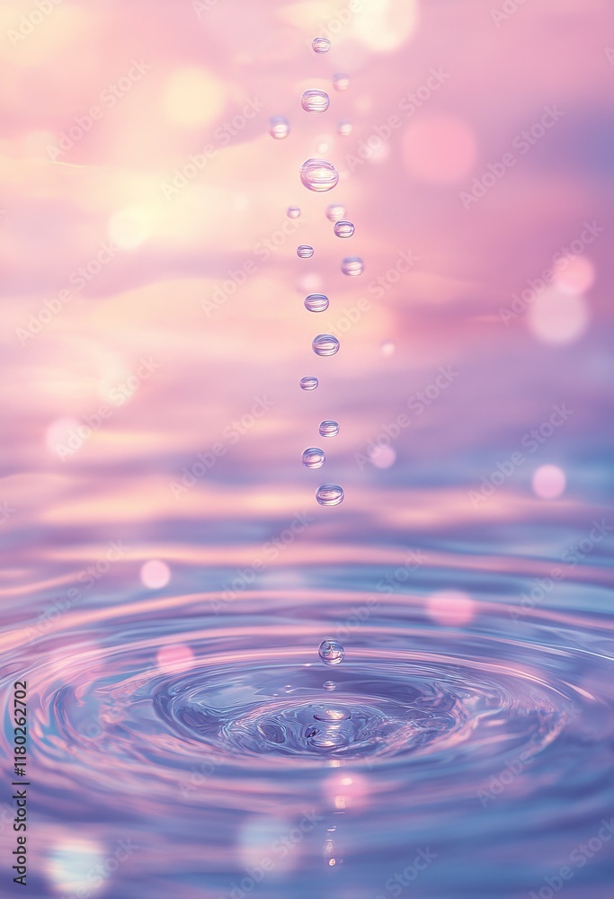 The image shows a series of water droplets falling into a calm water surface, creating ripples, with a dreamy pink and purple bokeh background, evoking a serene and magical atmosphere.
The image shows a series of water droplets falling into a calm water surface, creating ripples, with a dreamy pink and purple bokeh background, evoking a serene and magical atmosphere.