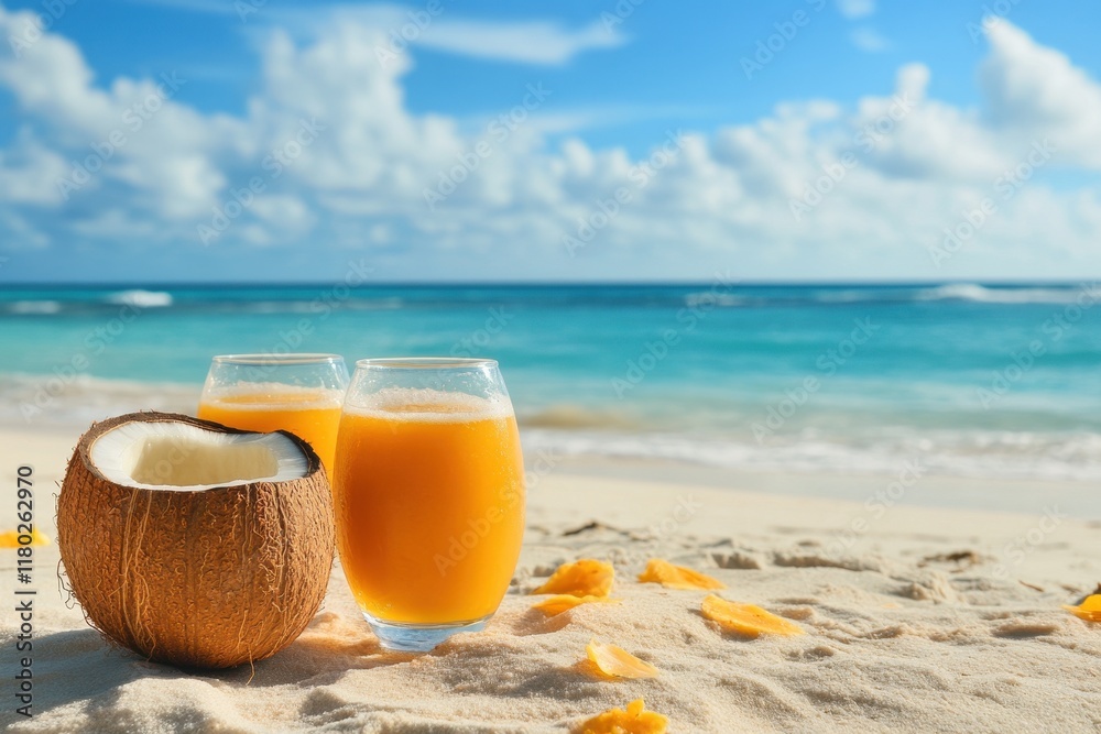 Tropical juice in a coconut served on sandy beach with ocean waves in the background under a bright sky Tropical juice in a coconut served on sandy beach with ocean waves in the background under a bright sky