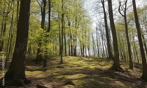 Beech Trees Forest in Early Spring, from below, fresh green leaves