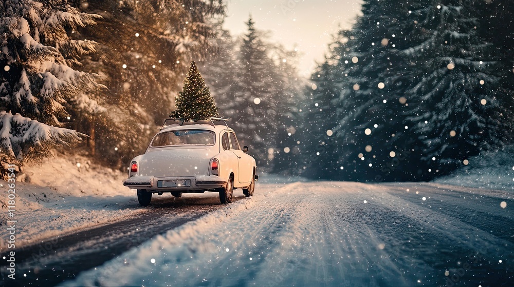 White car with a Christmas tree on its roof on a snowy road White car with a Christmas tree on its roof on a snowy road