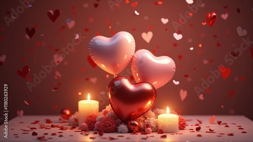 Heart-shaped balloons, glowing candles, and scattered heart confetti on a table, creating a romantic and festive atmosphere perfect for Valentine's Day or celebrations.