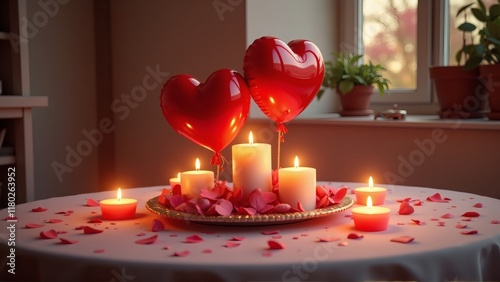 Romantic table setting with heart-shaped balloons, glowing candles, and rose petals on a white tablecloth, creating a warm, intimate ambiance in a cozy room.