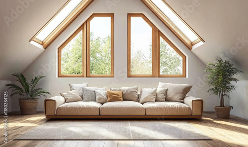 Cozy, rustic attic room with exposed wood beams, large windows, comfy sofa, throw pillows and patterned rug. photo