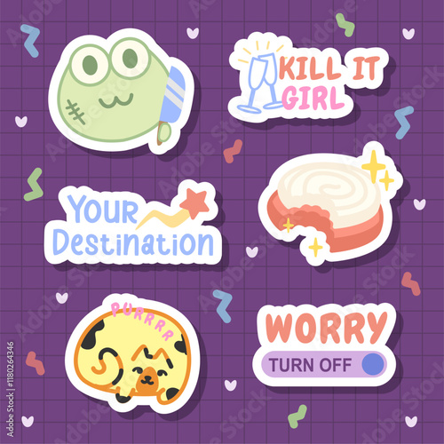 a set of motivational and cute hand drawn cartoon for journal sticker design