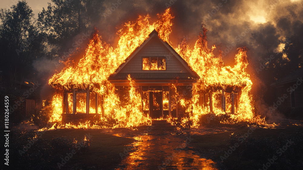 A dramatic blaze engulfs a residential house with a blurred suburban background, capturing the chaos and intensity of the moment, leaving space for captions on the side in a hyperrealistic style
A dramatic blaze engulfs a residential house with a blurred suburban background, capturing the chaos and intensity of the moment, leaving space for captions on the side in a hyperrealistic style
