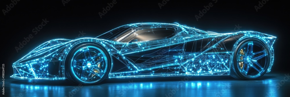 Fototapeta premium Neon Dreams: Futuristic Vehicle Wireframe with LED Illumination in a Cosmic Nightscape