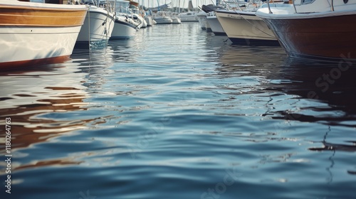 Calm waters gently cradle moored boats at the dock, reflecting the soft colors of a clear sky in a serene harbor scene. photo