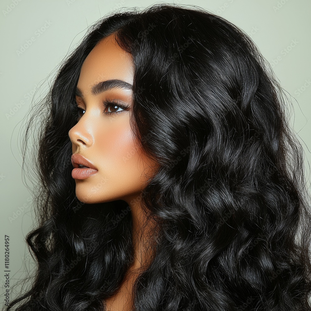 Obraz premium Portrait of a woman in profile with long wavy shiny black hair