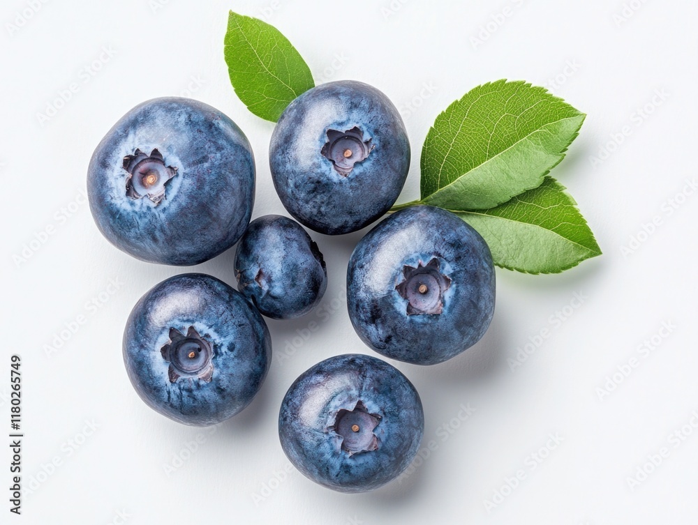 Blueberries with leaves on white surface Blueberries with leaves on white surface